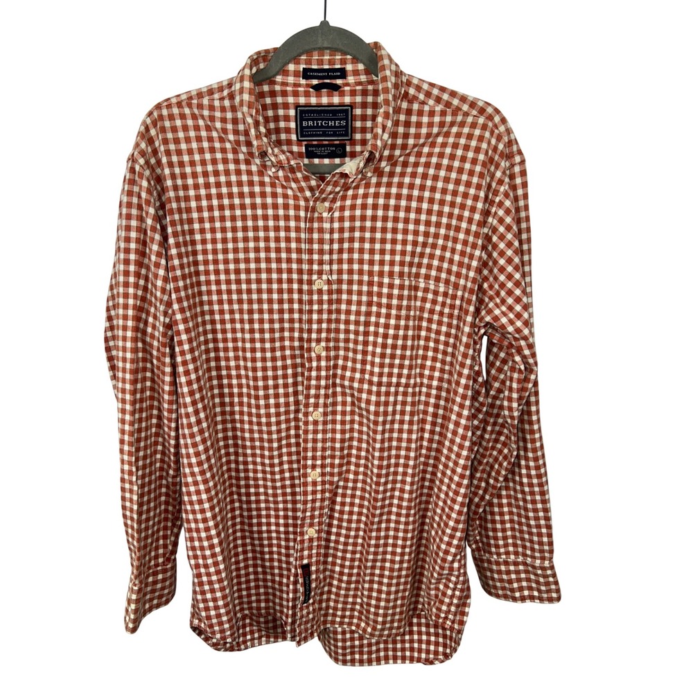 Britches Casement Plaid Cotton Shirt Orange Gingham Button Down Large